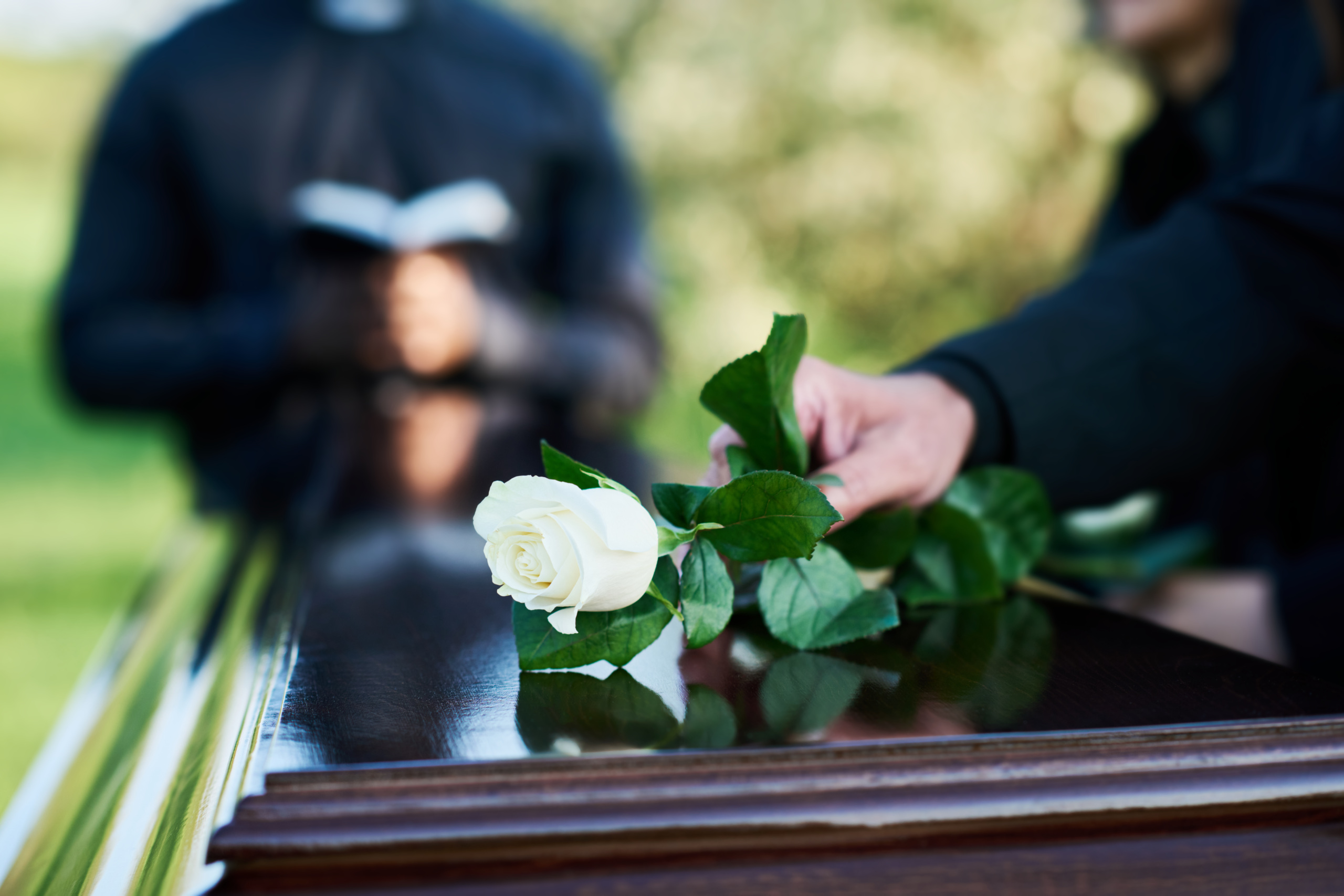 A hand placing a white rose on top of a casket during a funeral service.